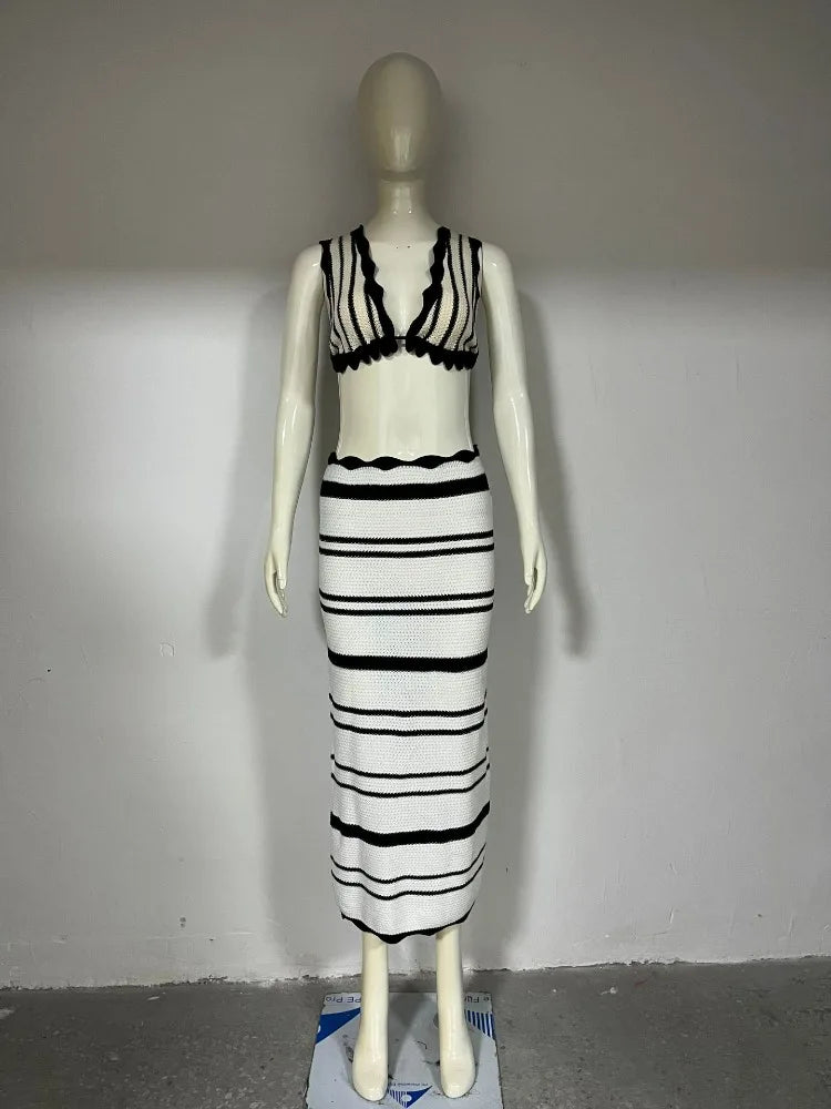Stripe Knitted Backless Top & Long Skirt Sets