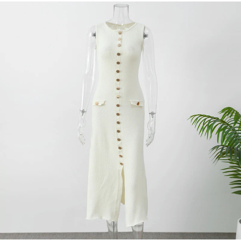 Knitted Sleeveless Button Up Long Dresses