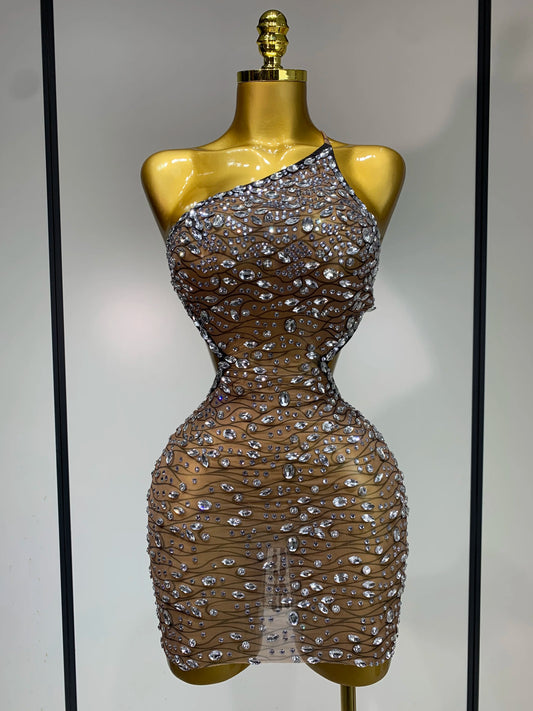 Rhinestone Hollow Backless Mesh Mini Dresses