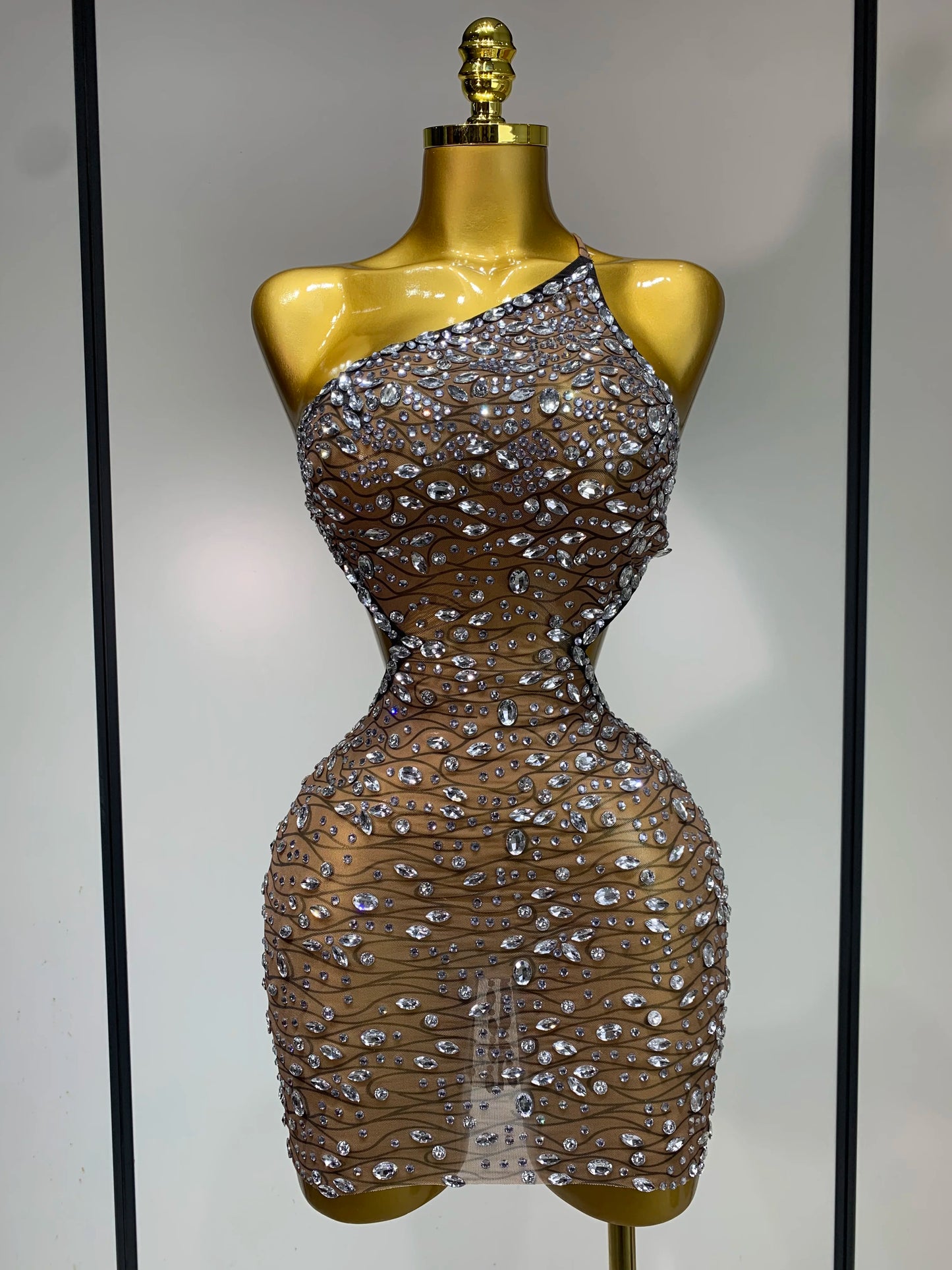 Rhinestone Hollow Backless Mesh Mini Dresses