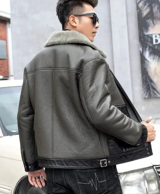 Genuine Leather Coats Shearling Fur Grey/Black