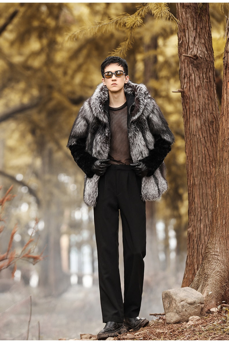 Real Fox Fur Hooded Coats Black Real Mink Fur Sleeves