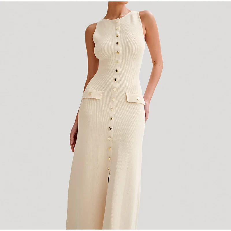 Knitted Sleeveless Button Up Long Dresses