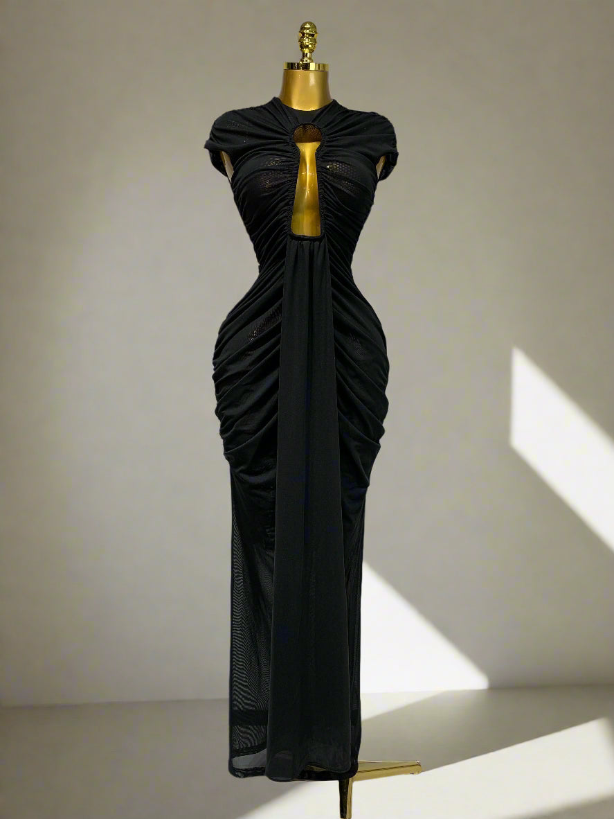 Sleeveless Open V Mesh Long Black Dress