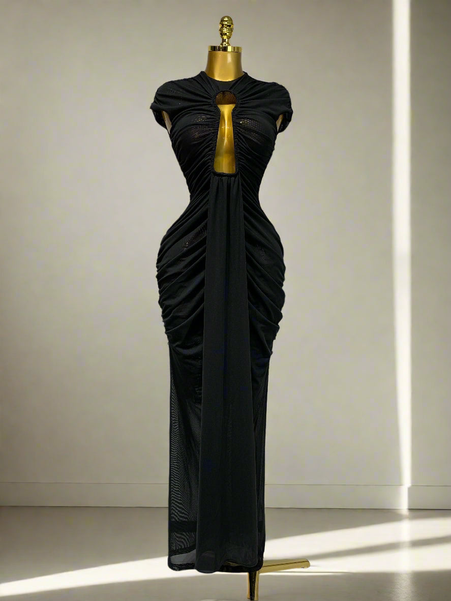 Sleeveless Open V Mesh Long Black Dress