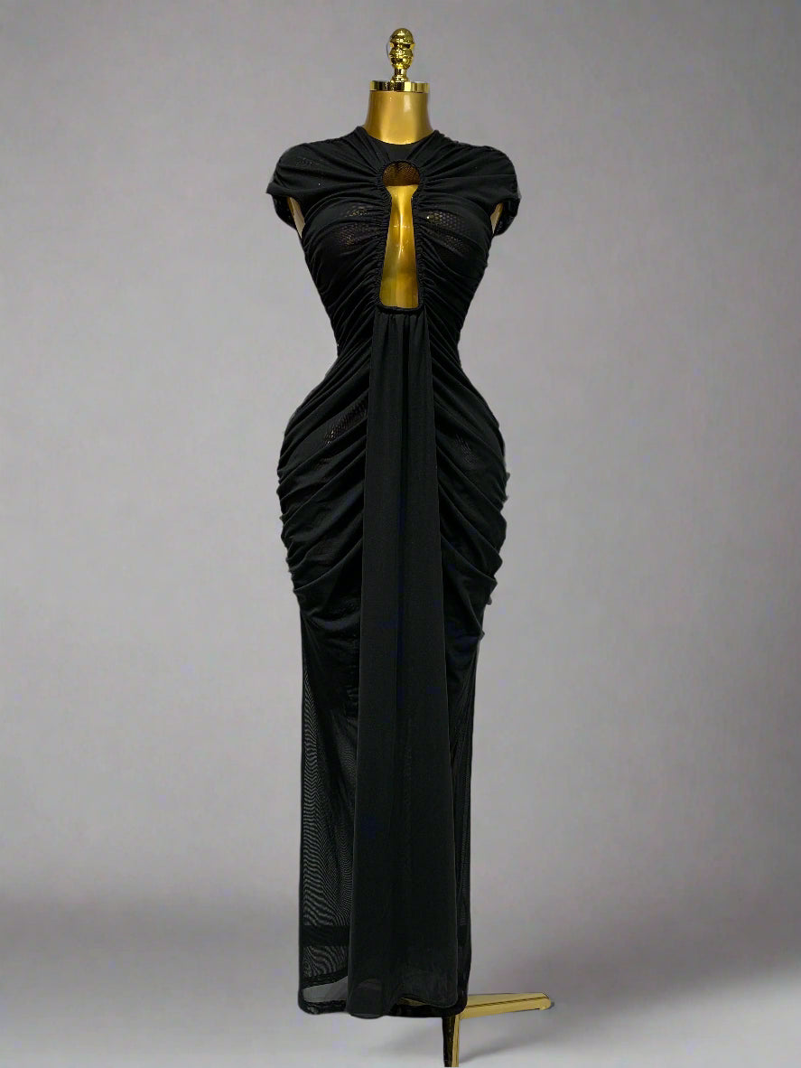 Sleeveless Open V Mesh Long Black Dress