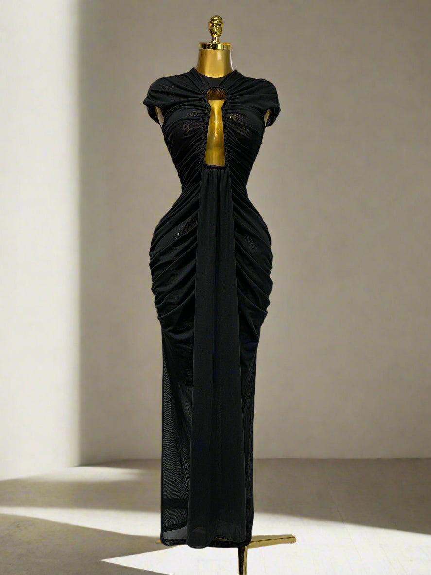 Sleeveless Open V Mesh Long Black Dress