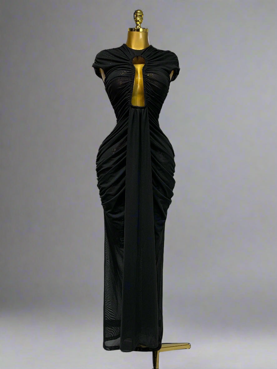 Sleeveless Open V Mesh Long Black Dress