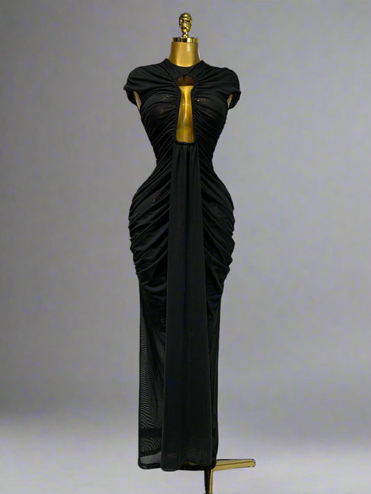 Sleeveless Open V Mesh Long Black Dress