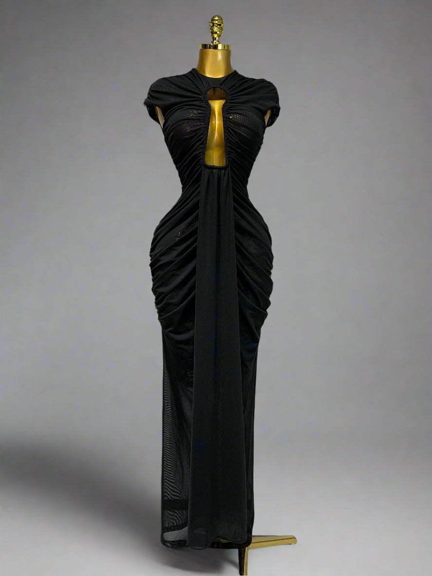 Sleeveless Open V Mesh Long Black Dress