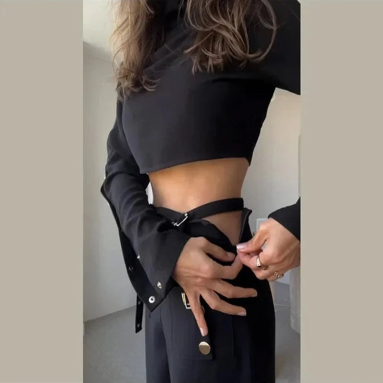 Button Long Sleeve Crop & X-Wide Leg Pant Sets