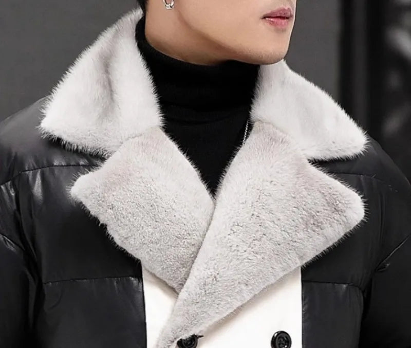 Genuine Leather Long Down Coat Mink Fur Collar