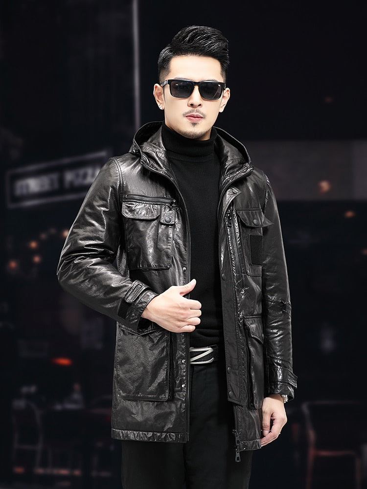 Duck Down Genuine Leather Coats Hooded Cargo Style