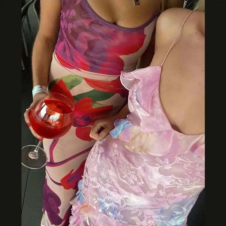 Tierred Ruffles Flower Print Sling Maxi Dresses