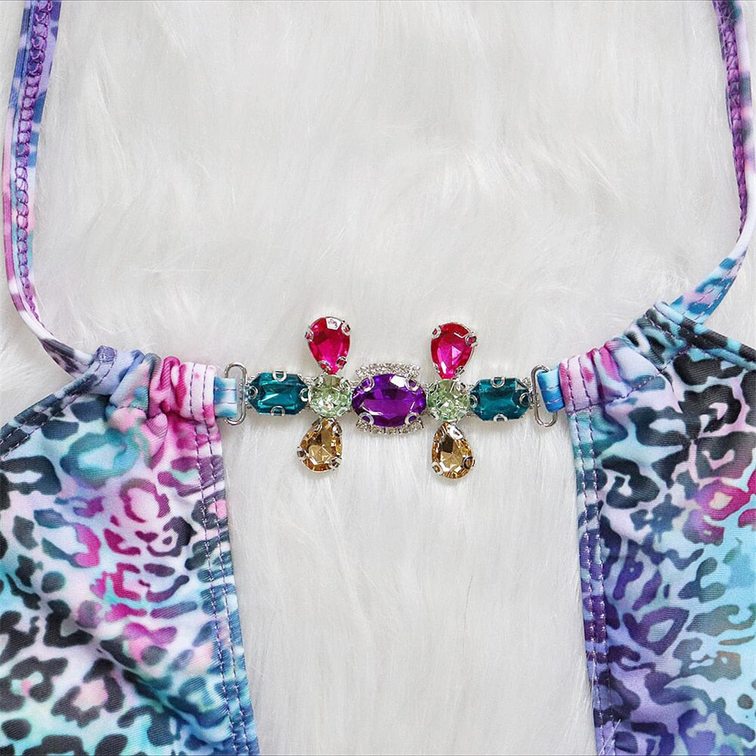 Colorful Leopard Rhinestone Bikini Set