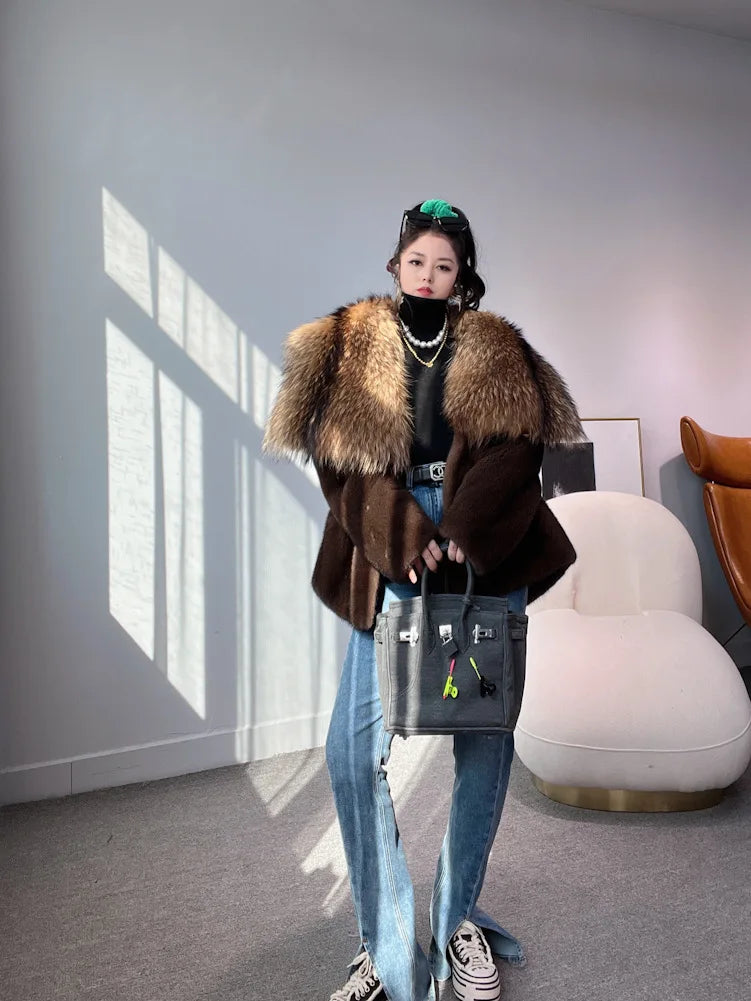 Luxury Real Mink Fur Coat Huge Fox Fur Collar