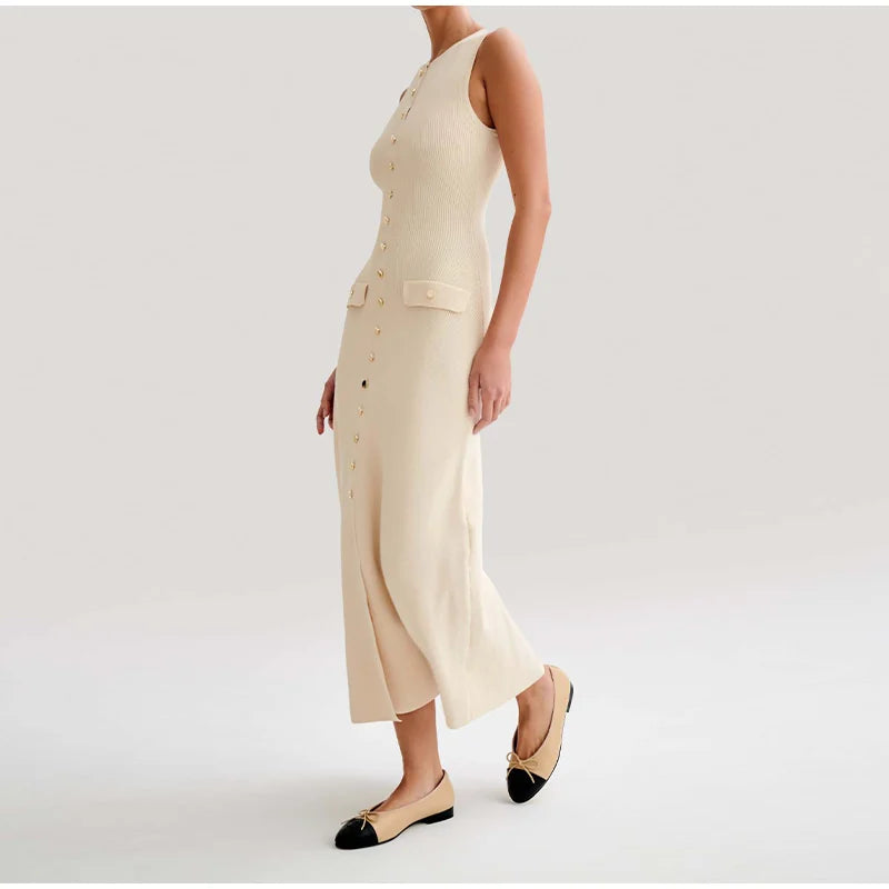 Knitted Sleeveless Button Up Long Dresses
