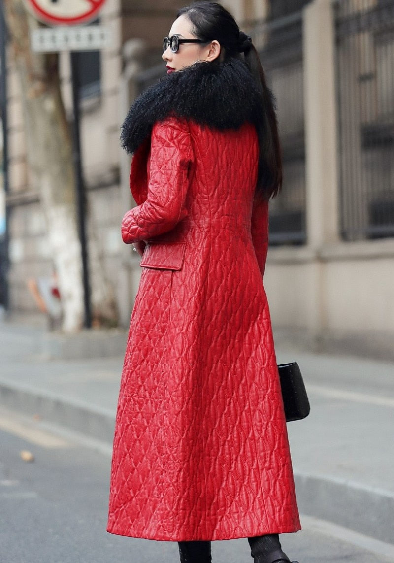 Genuine Leather X-Long Coats Embroidery Pattern Real Fur Collar