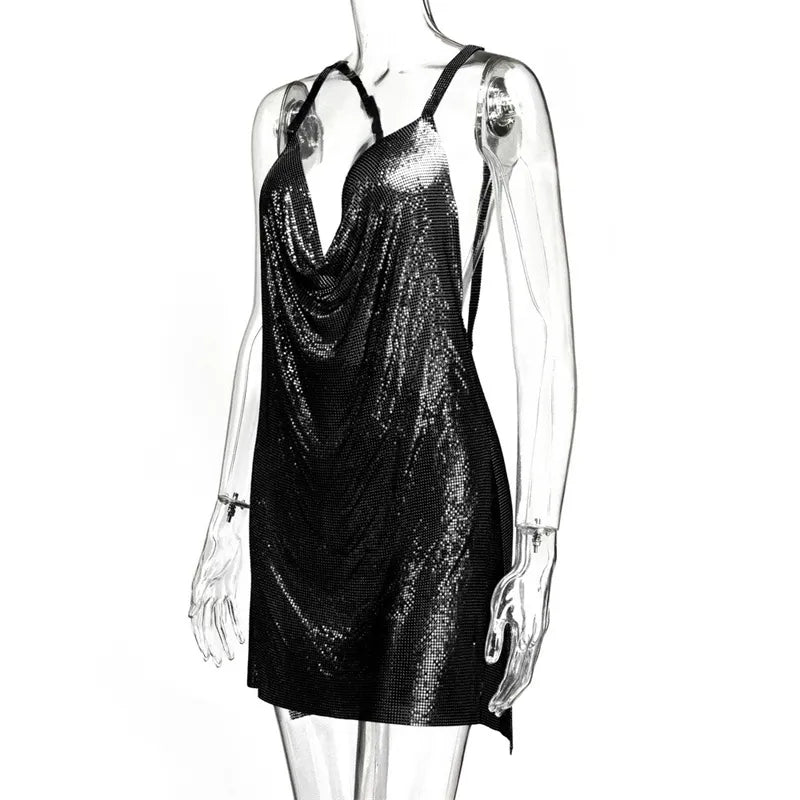 Metallic Chain Halter Metal Backless Mini Dresses