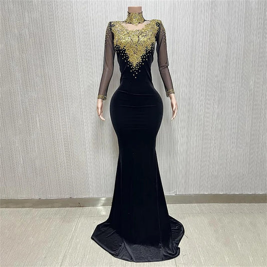 Golden Rhinestone Mesh Sheath Floor-Length Dress