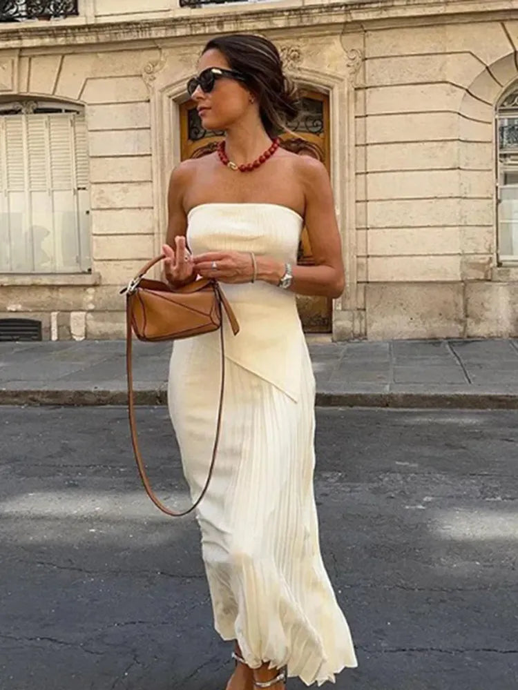 Strapless Pleated Top & High Waist Skirts Sets