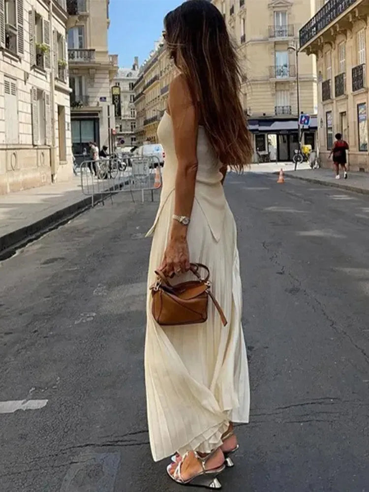 Strapless Pleated Top & High Waist Skirts Sets
