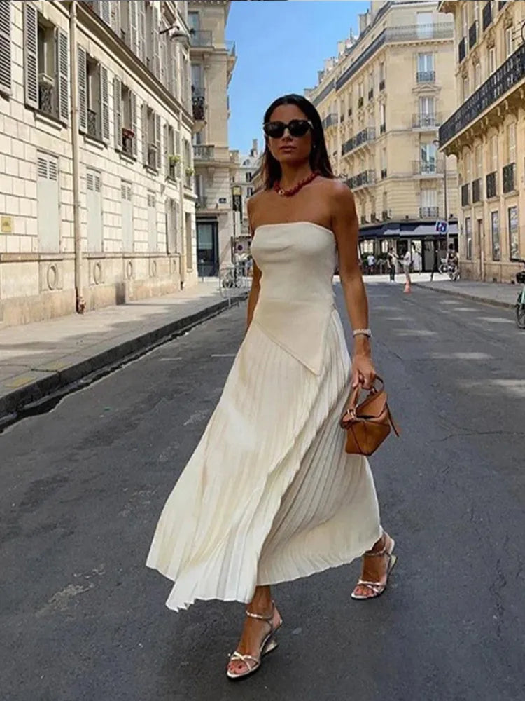 Strapless Pleated Top & High Waist Skirts Sets