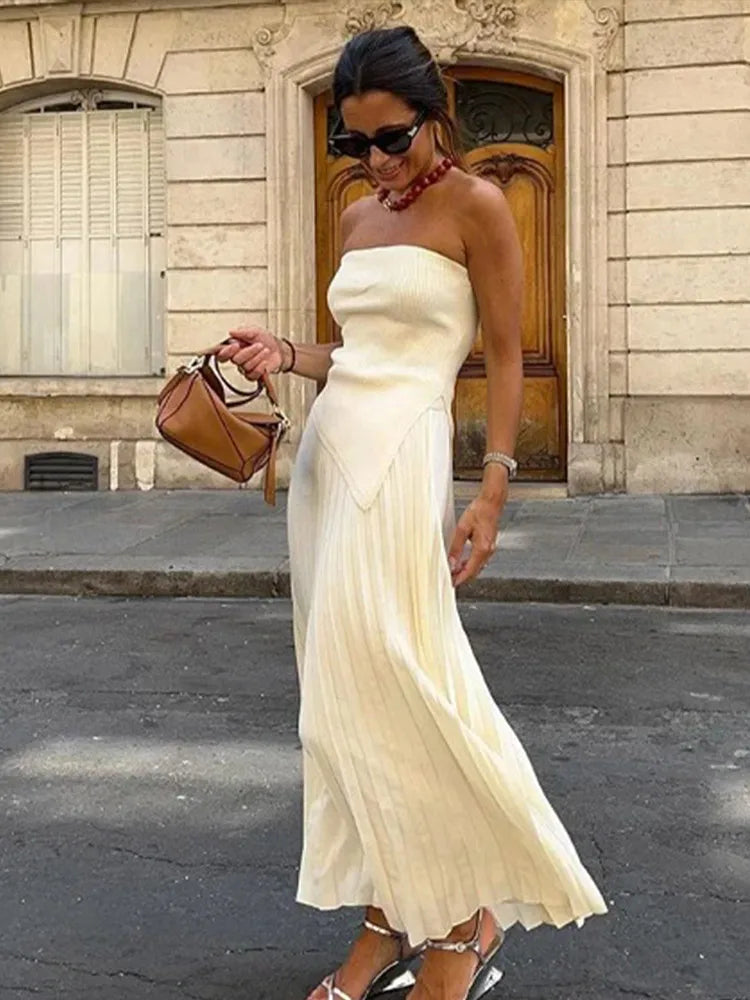 Strapless Pleated Top & High Waist Skirts Sets
