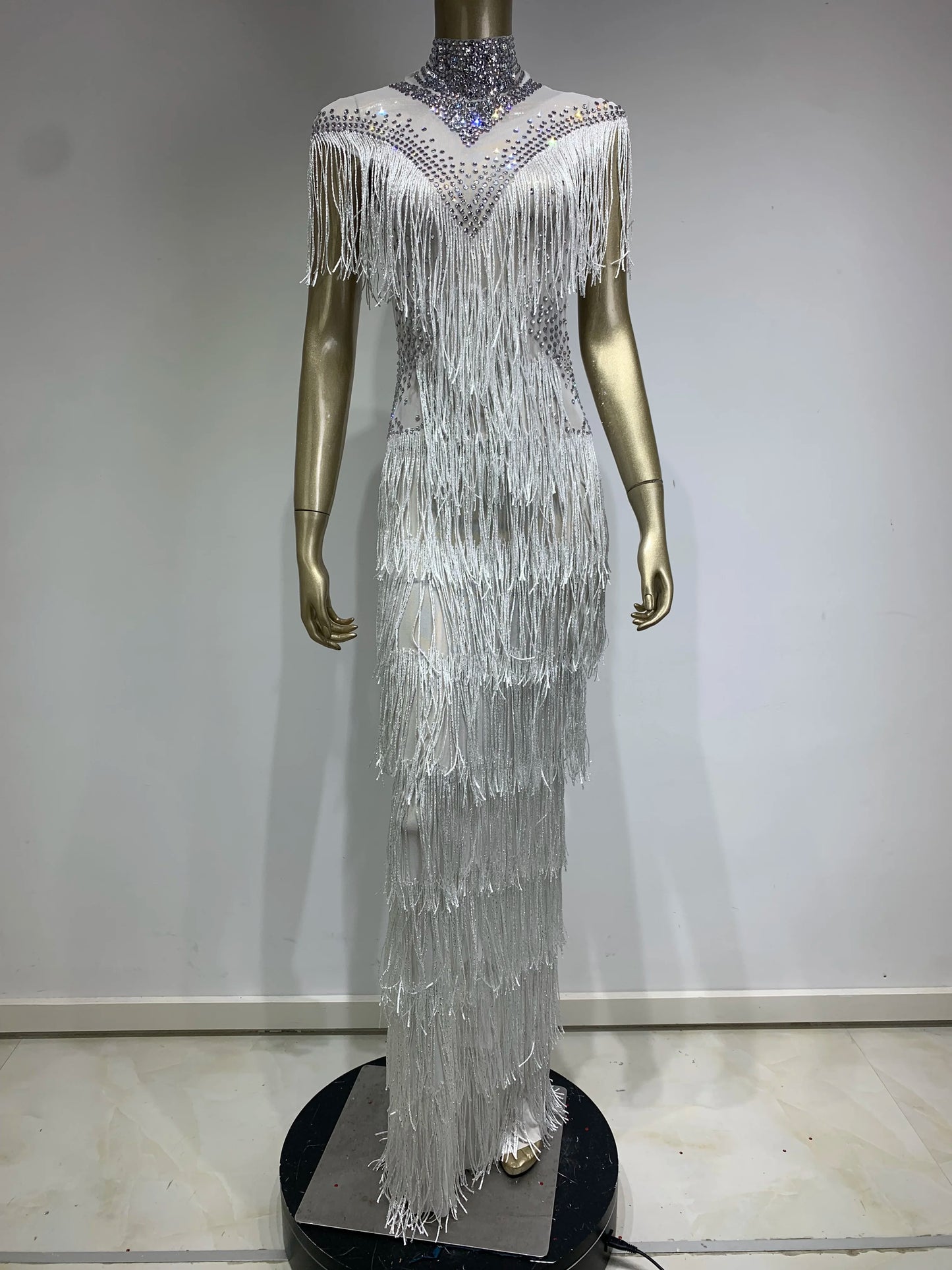 Rhinestone Tassel Mesh Long Dress