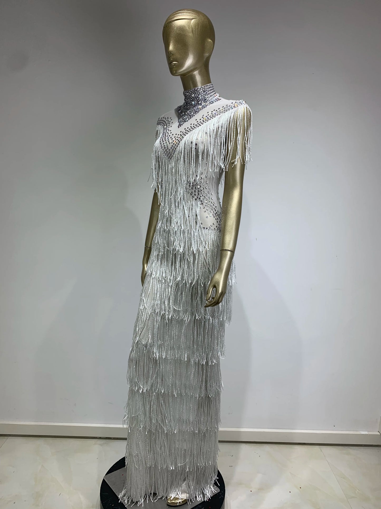Rhinestone Tassel Mesh Long Dress