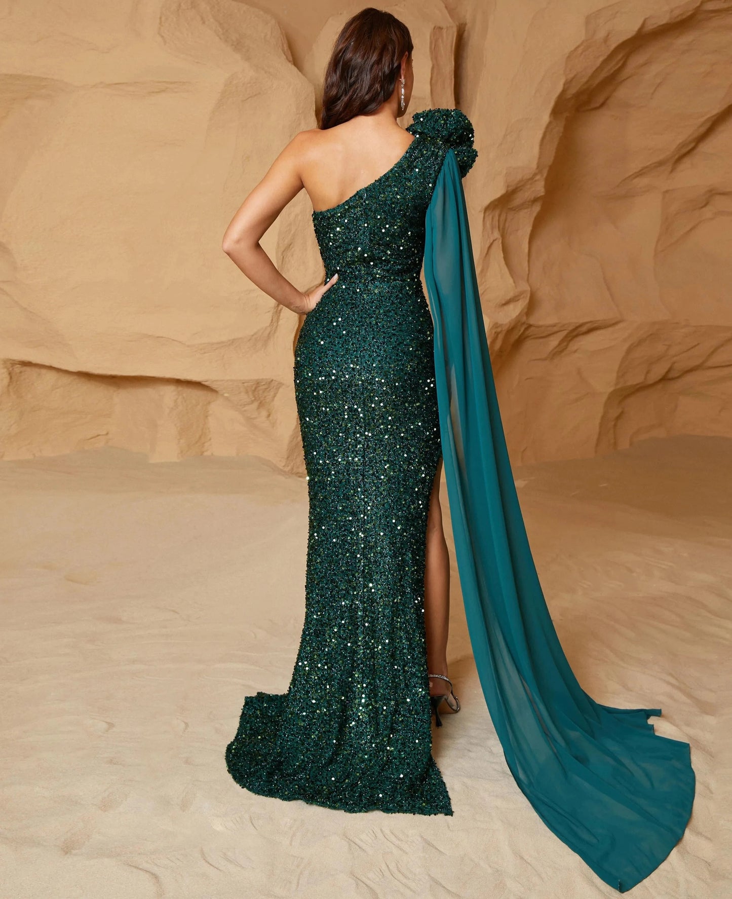 Green One Shoulder Sequin Draped Split Dress