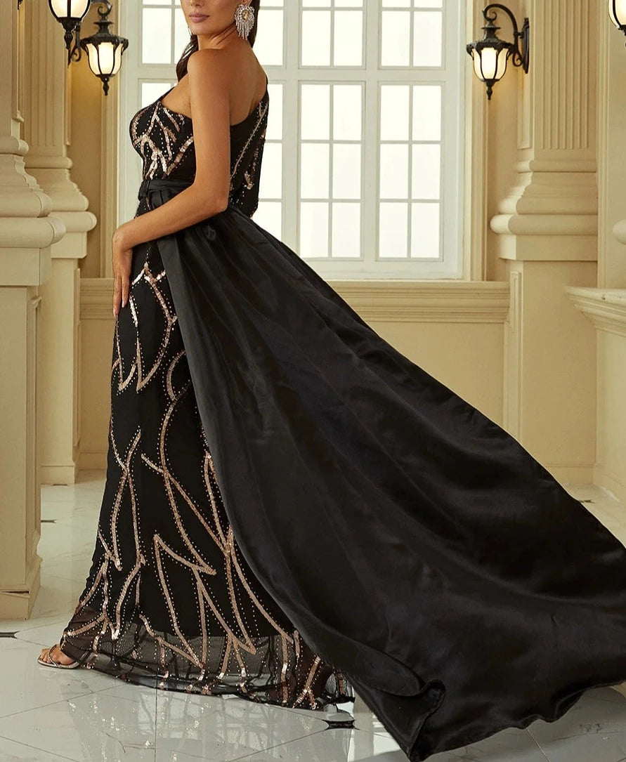 Sequin One Shoulder Waist Shawl Long Dresses