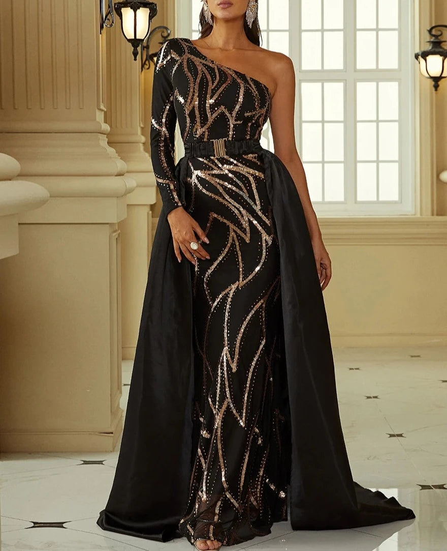 Sequin One Shoulder Waist Shawl Long Dresses