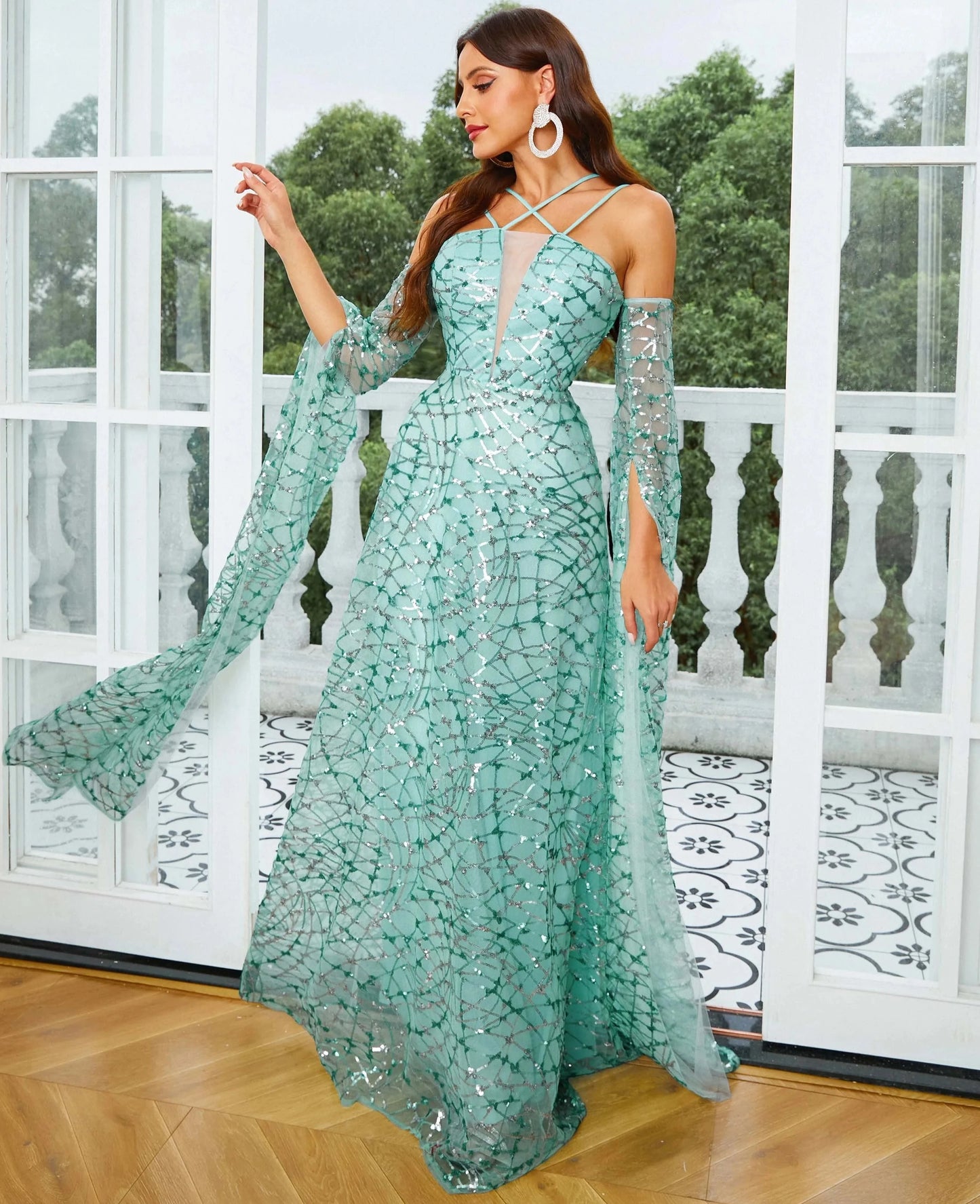 Green Sequins Spaghetti Dress