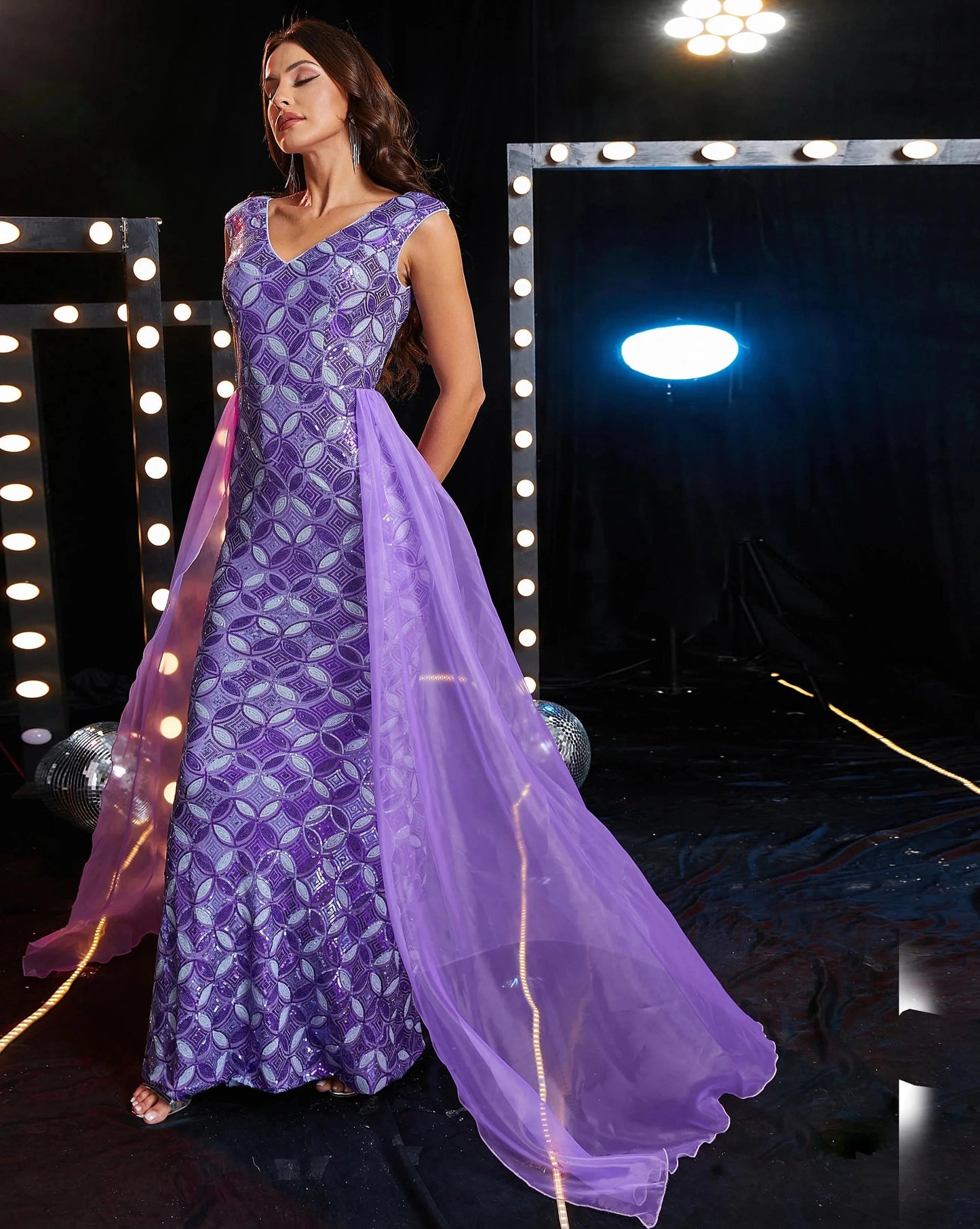 Purple Sequin V Neck Mesh Hip Skirt Dress