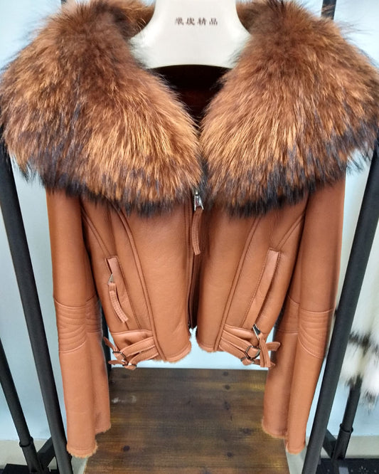 Genuine Leather Moto Jackets Big Fur Collar Wool Liner