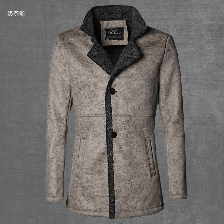 Faux Leather Faux Fur Small Collar Long Slim Jacket