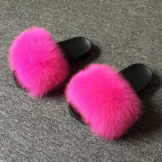 Luxury Genuine Fluffy Real Fox Fur Flat Sandals (Multi-Colors)