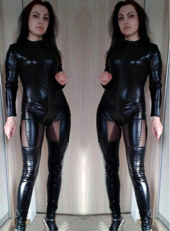 Black Catsuit Long Sleeve Zipper Mesh Faux Leather Jumpsuit
