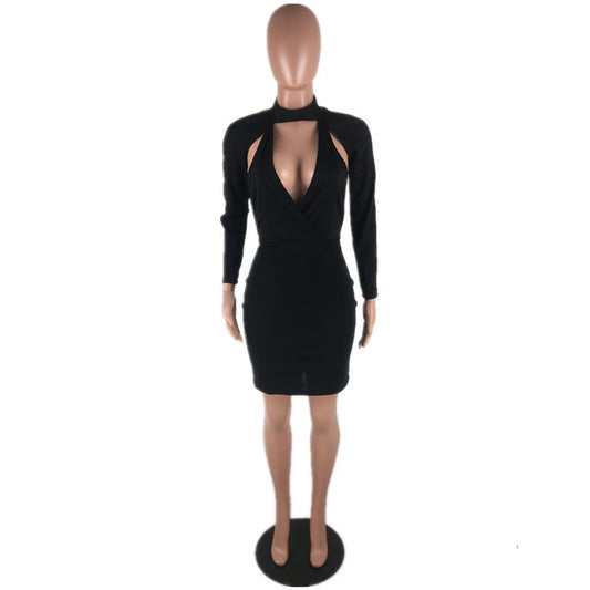 Hollow Back Deep V Long Sleeve Bodycon Bandage Dress