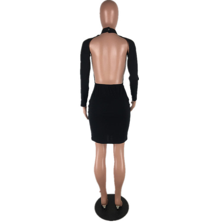 Hollow Back Deep V Long Sleeve Bodycon Bandage Dress