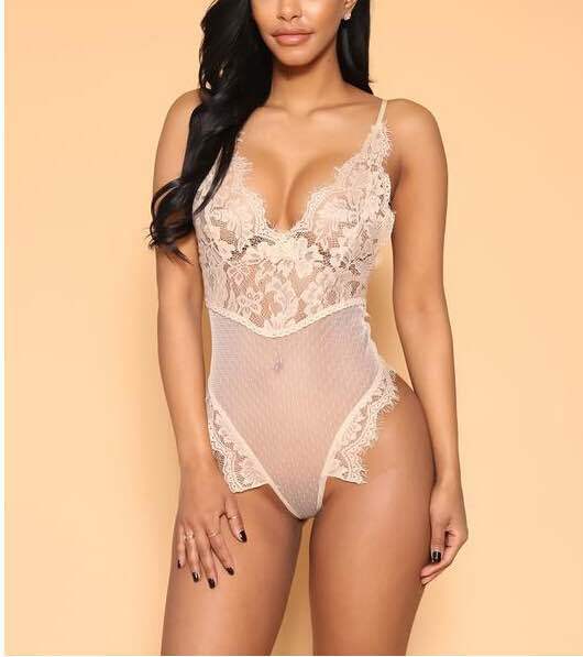Spaghetti Strap Deep V See Through Mesh Sheer Lace Bodysuits