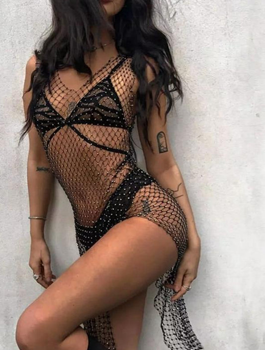 Rhinestone Netting Sleeveless Hollow Out Bodycon Beach Dresses