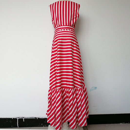 Striped Strapless Ruffles Long Dresses With Belt