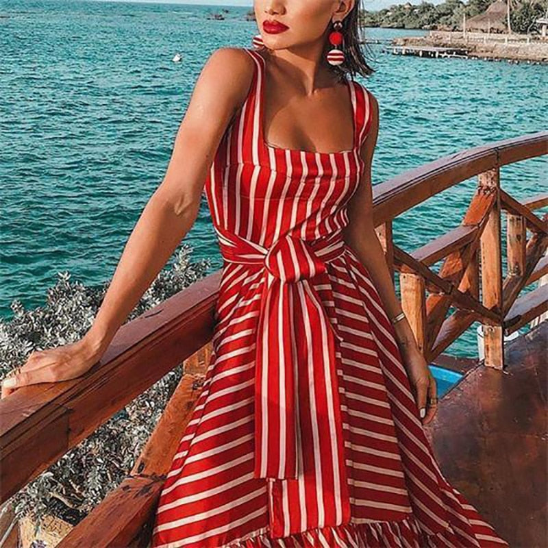 Striped Strapless Ruffles Long Dresses With Belt