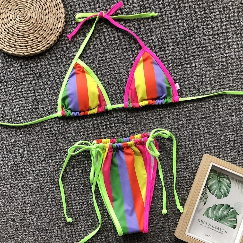 Halter V Neck Candy Color Bikini Sets