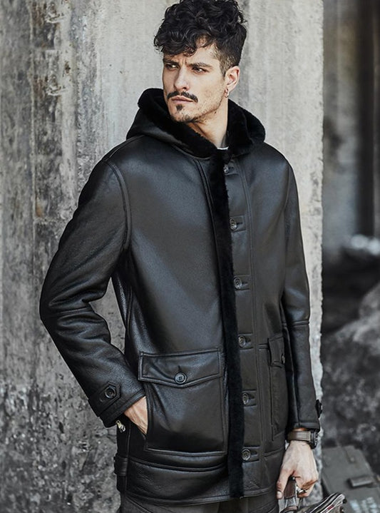 Genuine Leather Shearling Hooded Coats (Reversible)