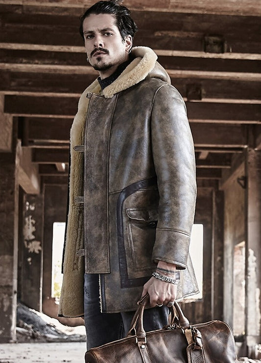 Genuine Leather Hooded Shearling Long Coat