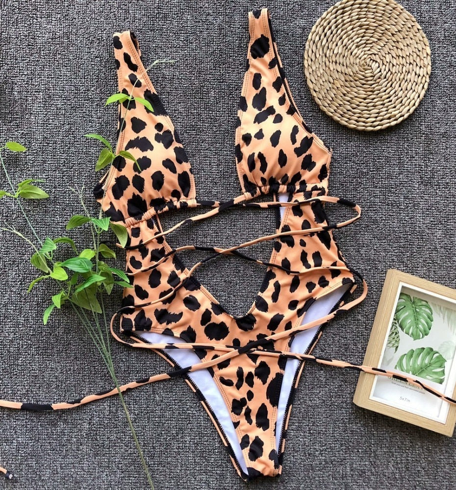 Leopard Print Bandage Hollow Monokini Set