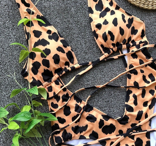 Leopard Print Bandage Hollow Monokini Set